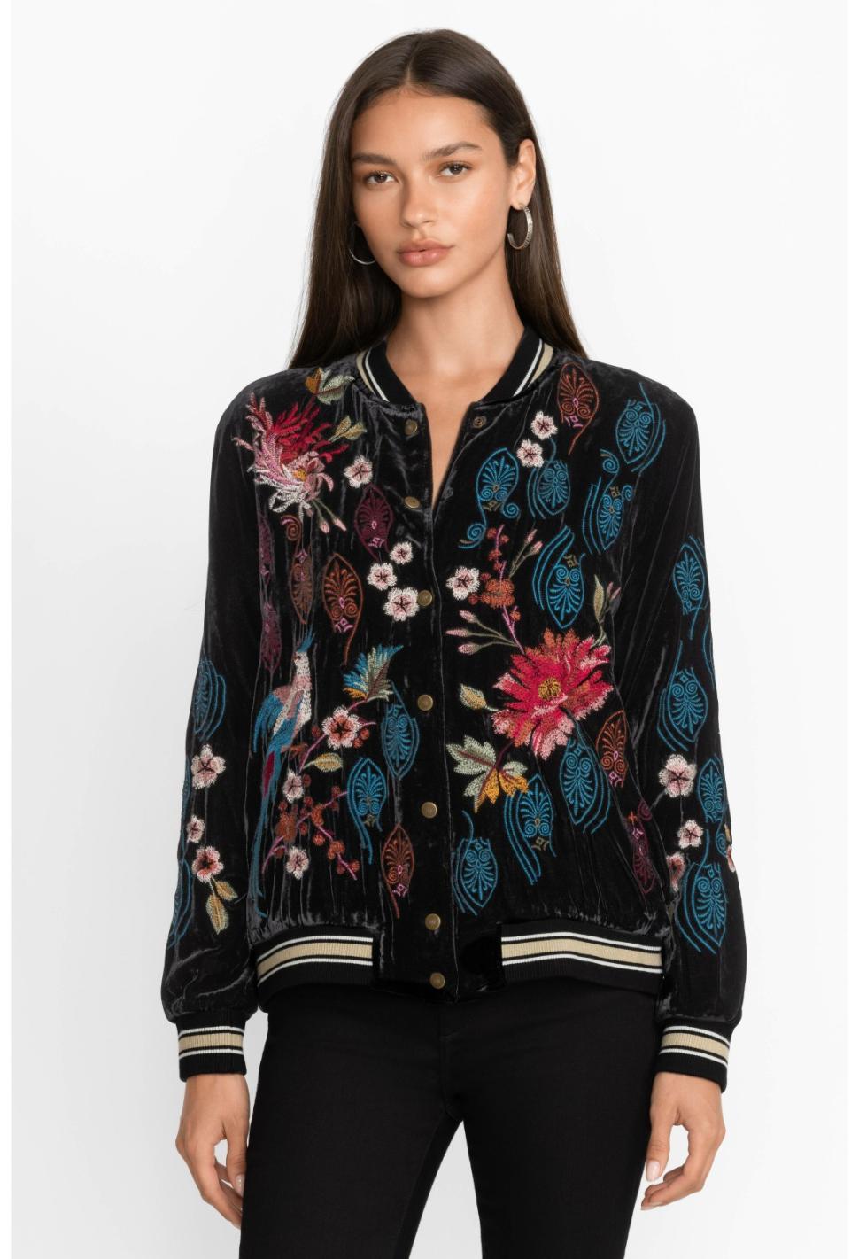 Women Outerwear | Johnny Was Ashira Velvet Snap Front Bomber Jacket Black