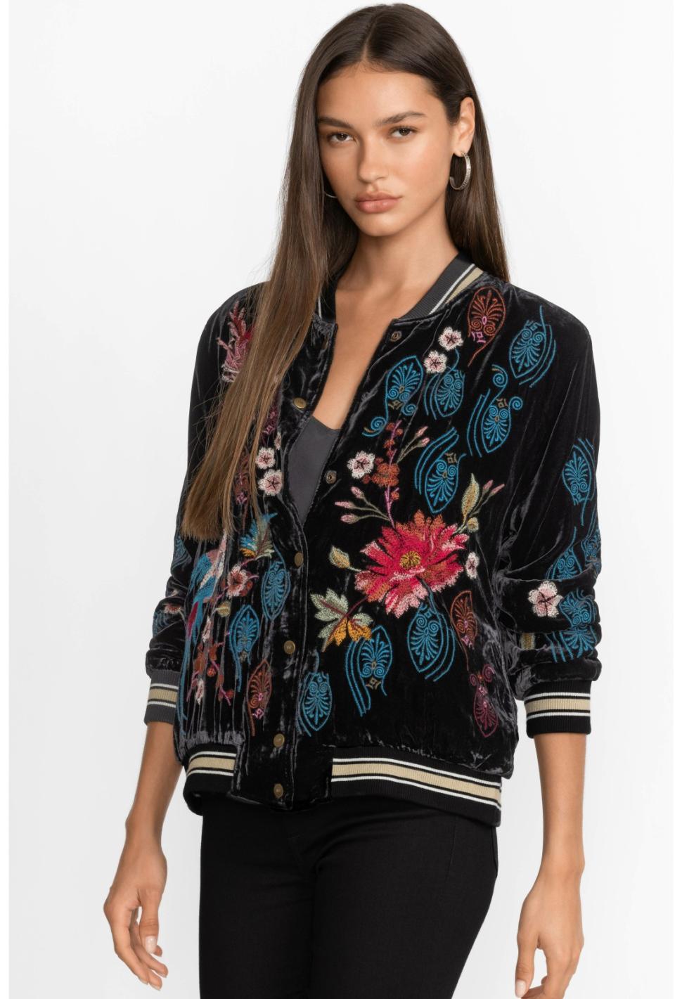 Women Outerwear | Johnny Was Ashira Velvet Snap Front Bomber Jacket Black