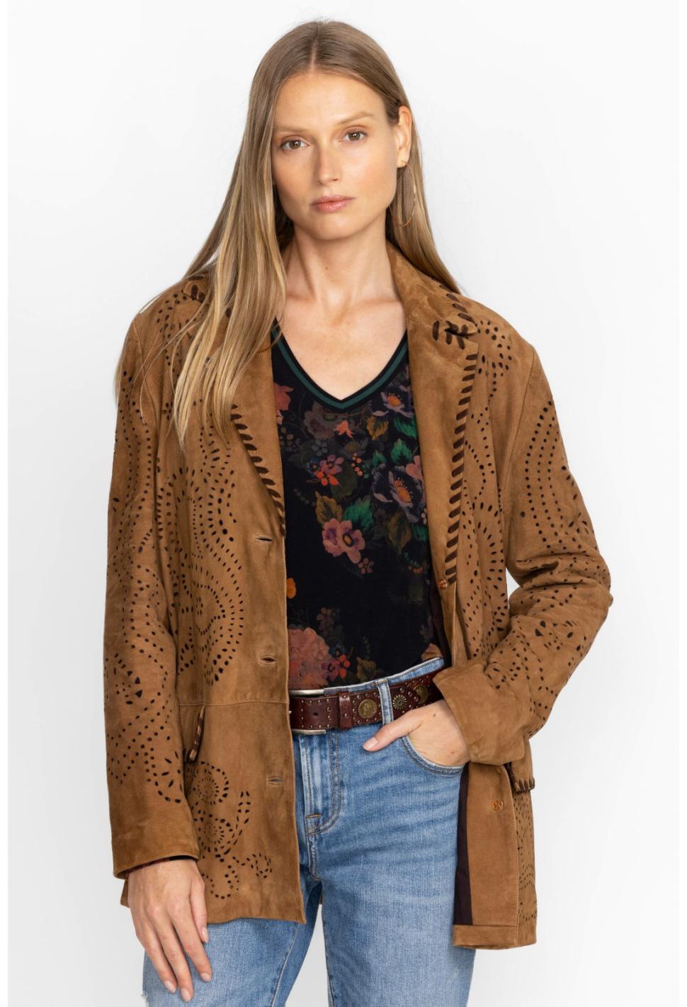 Women Outerwear | Johnny Was Laser Cut Suede Whipstitch Blazer Gold