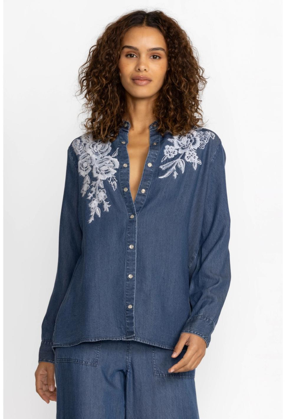 Women Tops | Johnny Was Alicent Denim Button Down Shirt Denim Blue