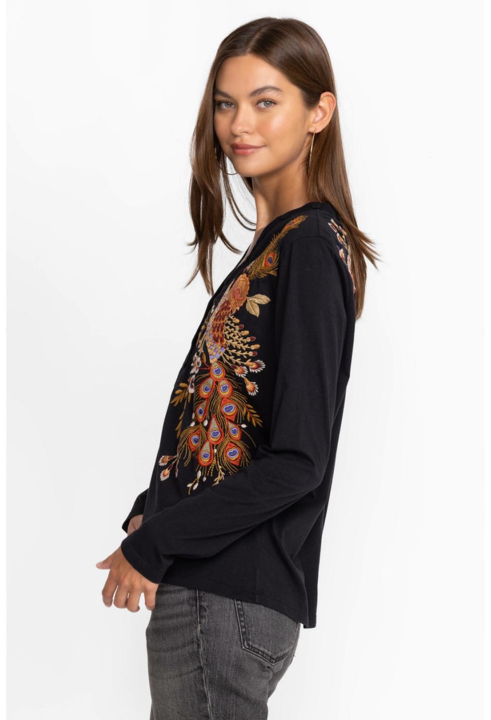 Women Tops | Johnny Was Ananke Button Neck Long Sleeve Tee Black