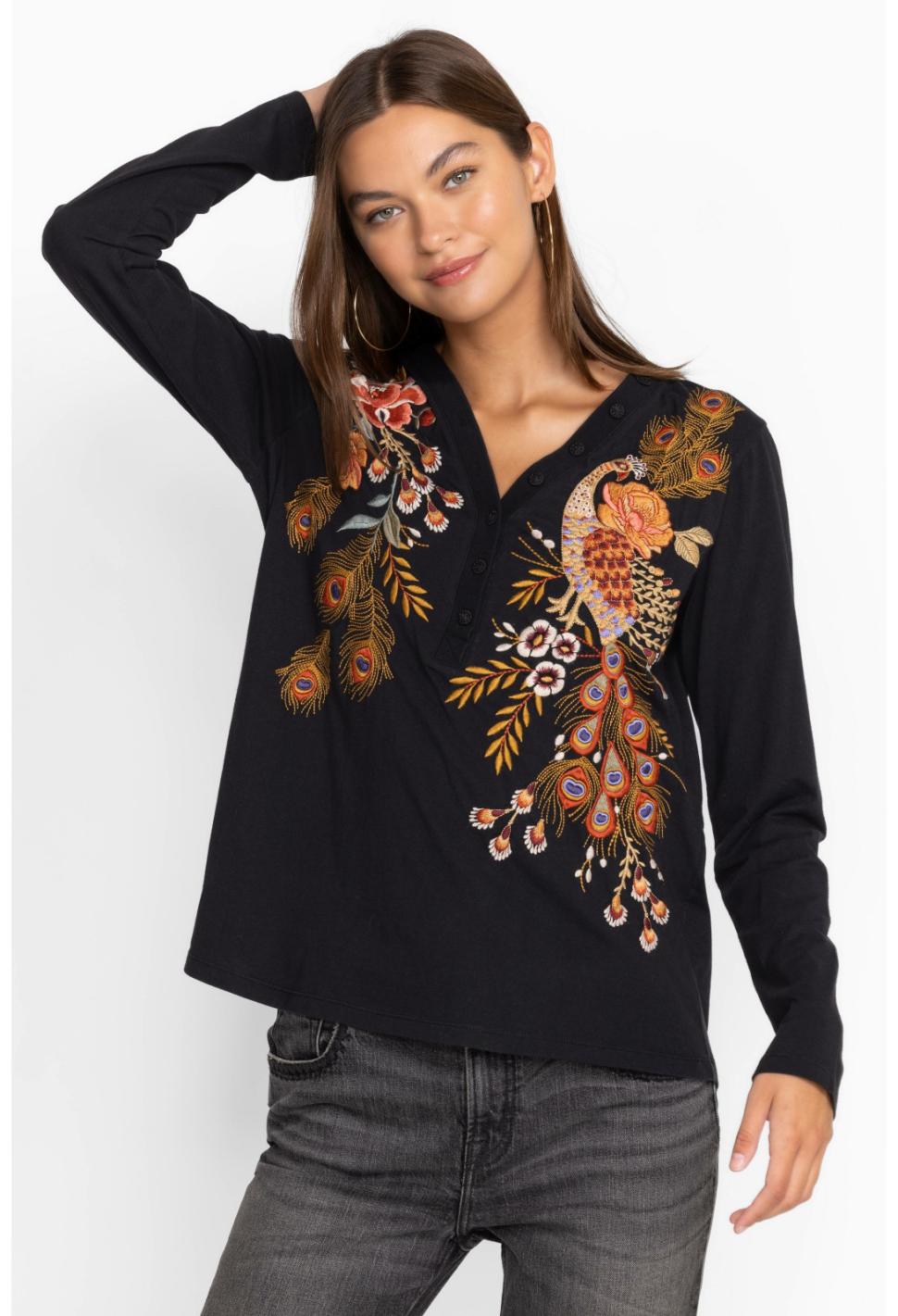 Women Tops | Johnny Was Ananke Button Neck Long Sleeve Tee Black