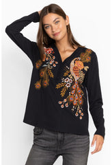 Women Tops | Johnny Was Ananke Button Neck Long Sleeve Tee Black