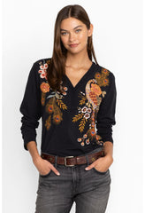 Women Tops | Johnny Was Ananke Button Neck Long Sleeve Tee Black