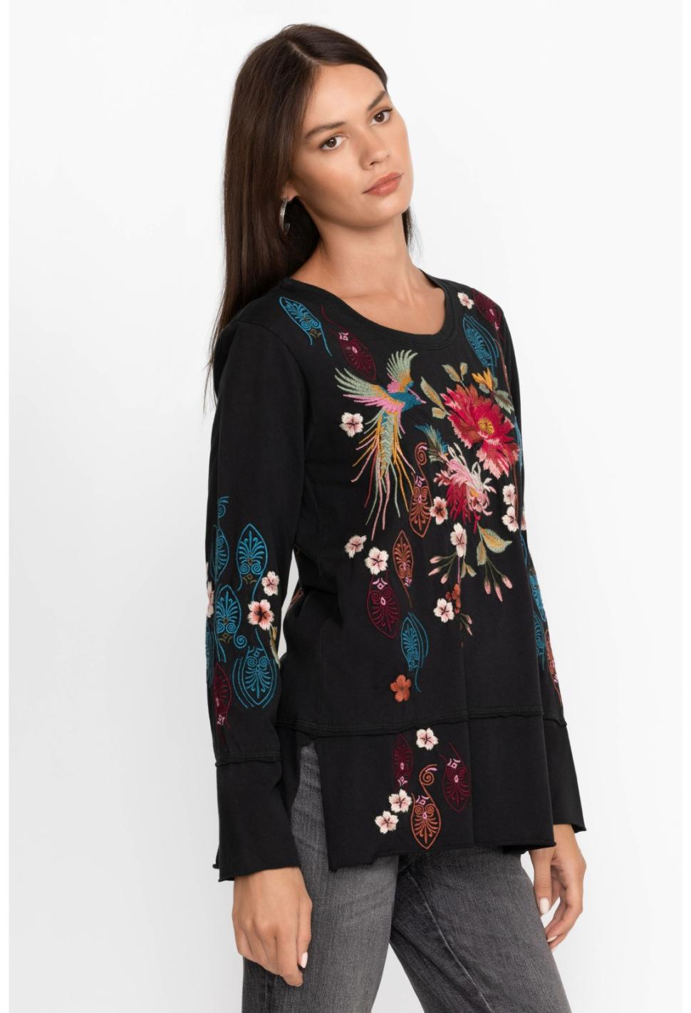 Women Tops | Johnny Was Ashira Raw Seam Long Sleeve Tee Black