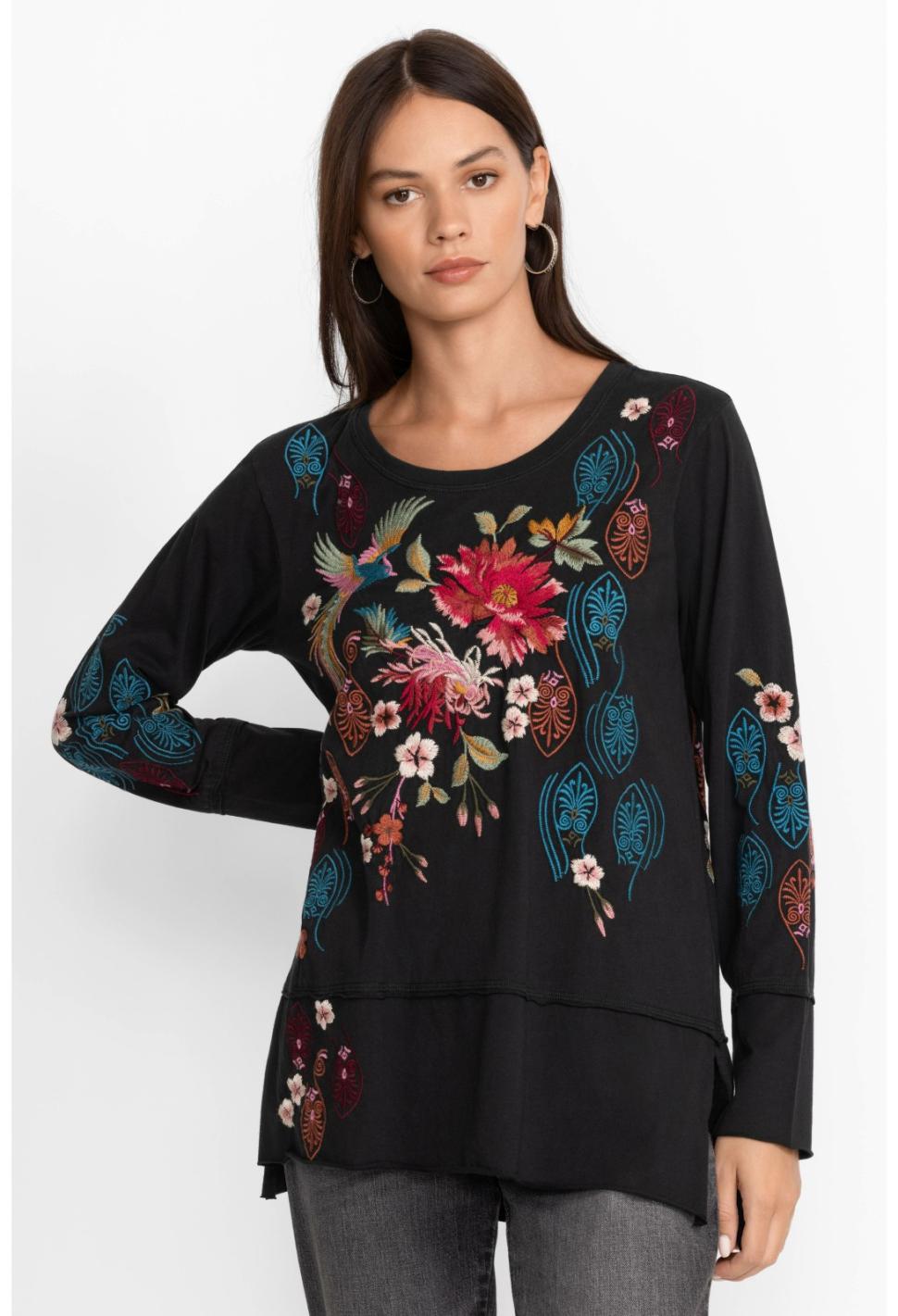 Women Tops | Johnny Was Ashira Raw Seam Long Sleeve Tee Black