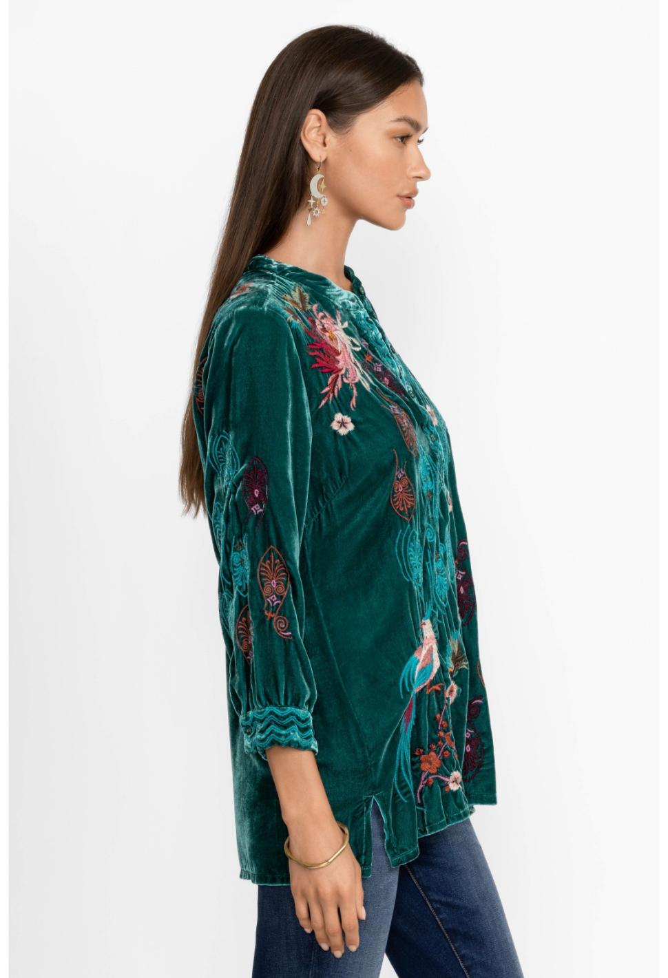 Women Tops | Johnny Was Ashira Velvet Henley Shirt Tunic Deep Teal