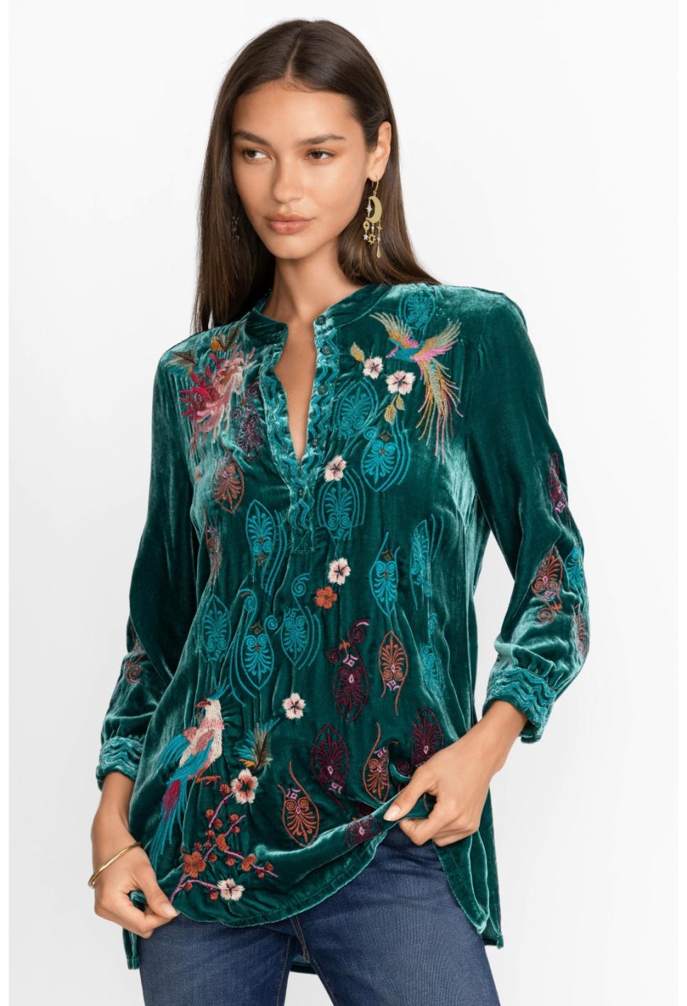 Women Tops | Johnny Was Ashira Velvet Henley Shirt Tunic Deep Teal