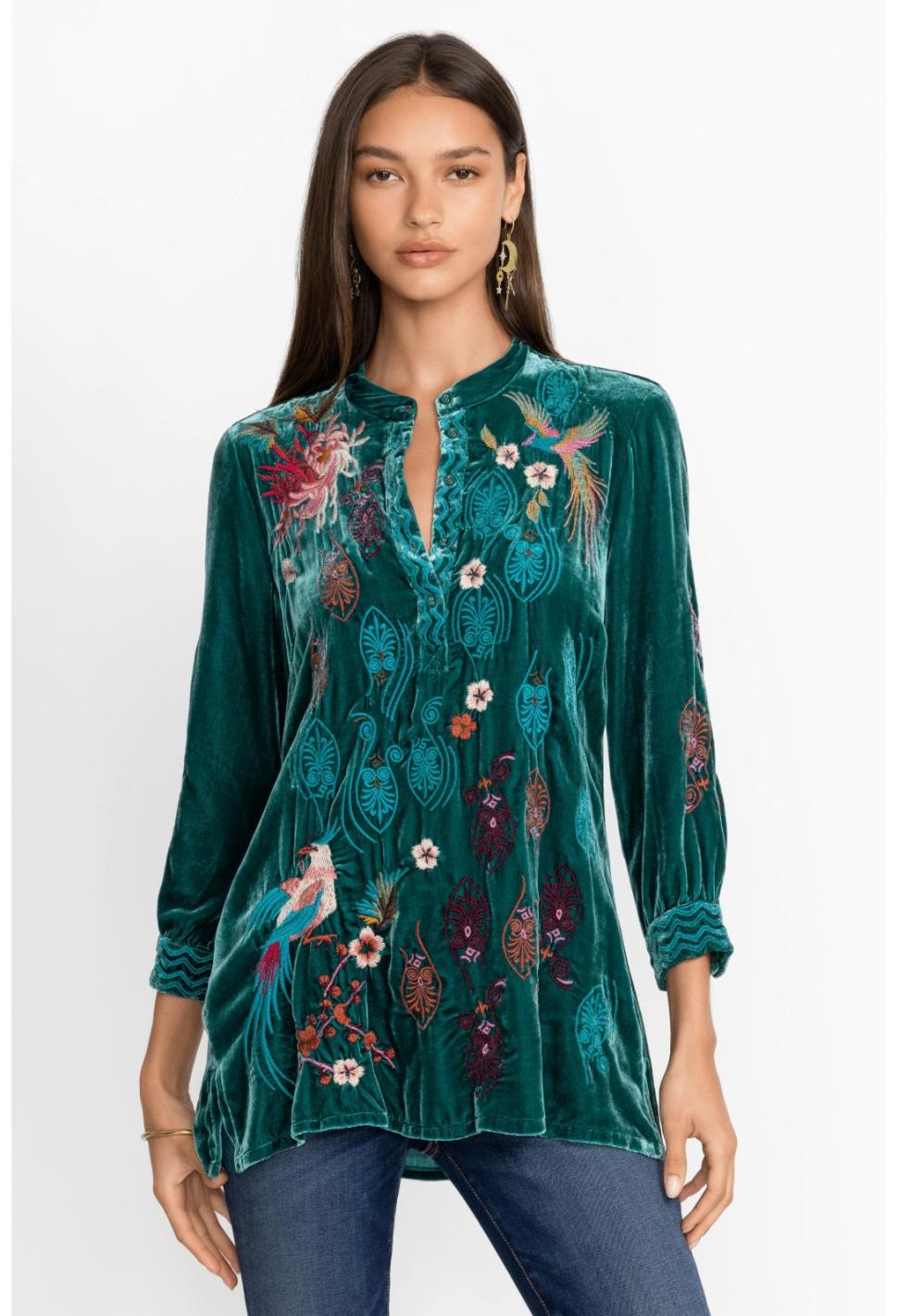 Women Tops | Johnny Was Ashira Velvet Henley Shirt Tunic Deep Teal