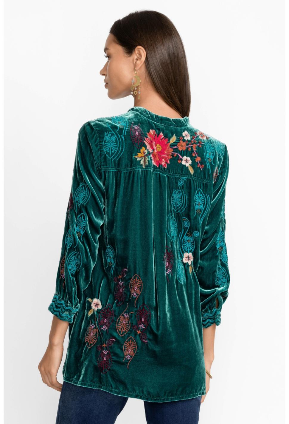 Women Tops | Johnny Was Ashira Velvet Henley Shirt Tunic Deep Teal