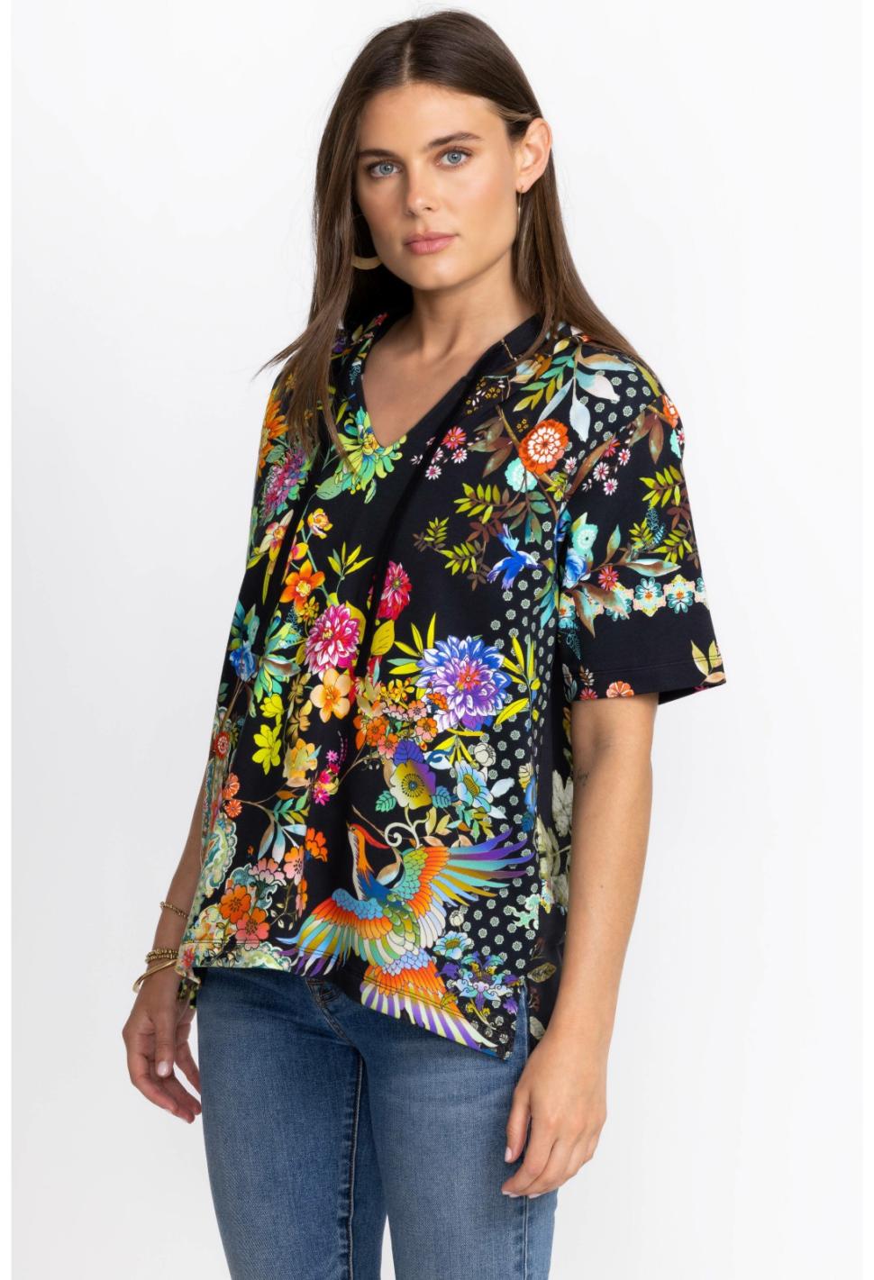 Women Tops | Johnny Was Black Dreamer Short Sleeve Notched Pullover Hoodie Dreamer Noir