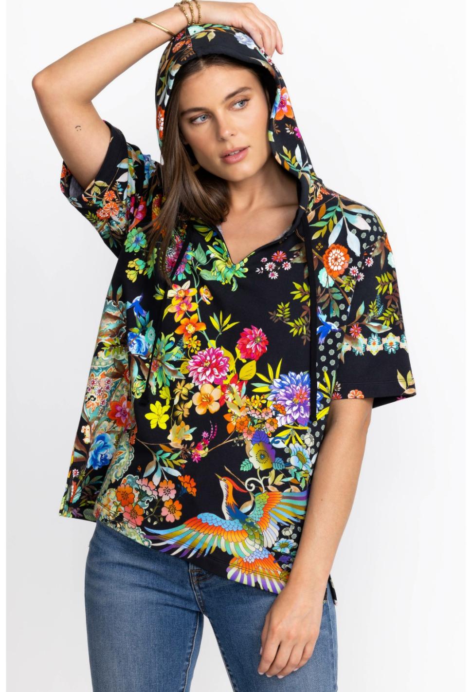 Women Tops | Johnny Was Black Dreamer Short Sleeve Notched Pullover Hoodie Dreamer Noir