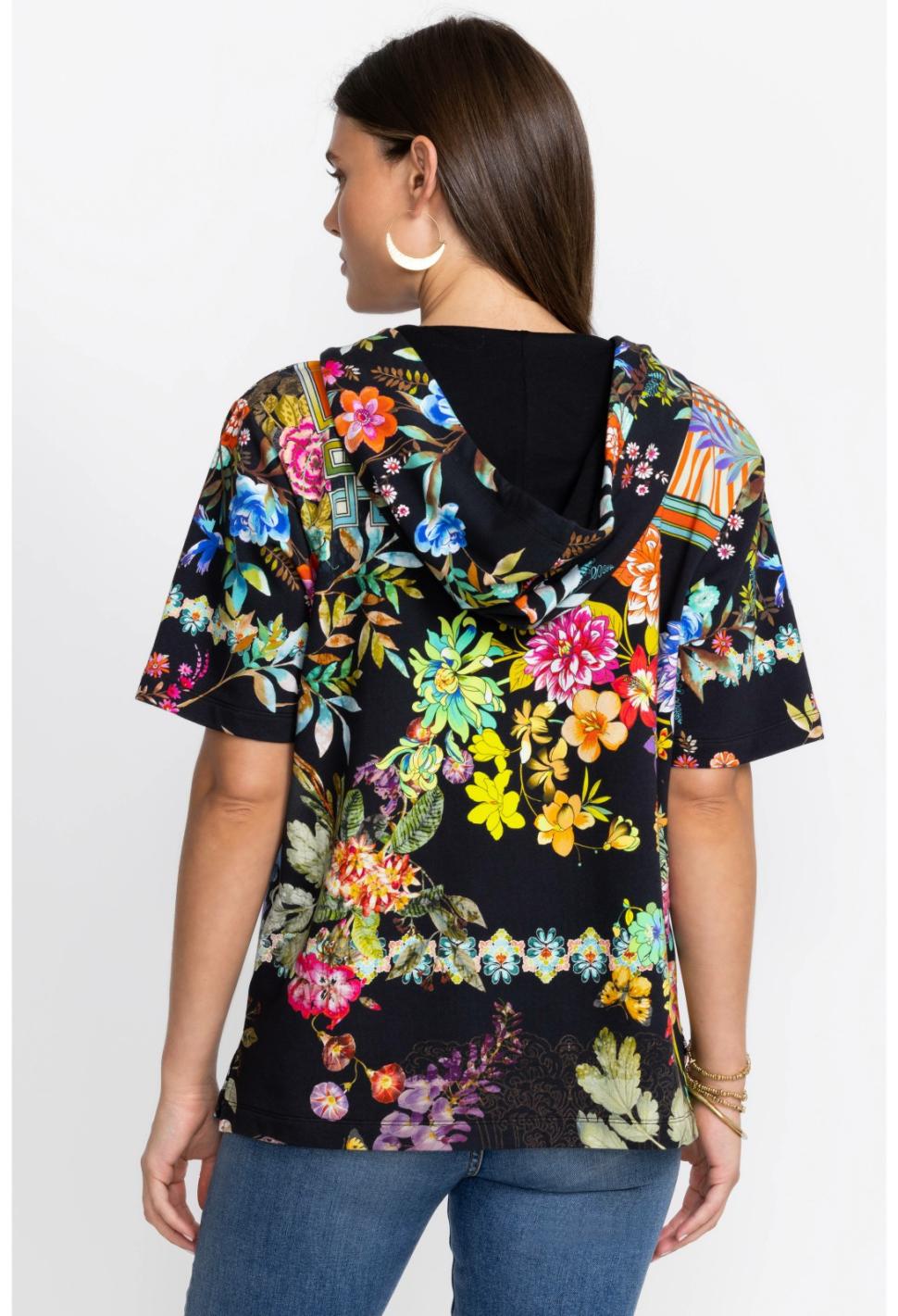 Women Tops | Johnny Was Black Dreamer Short Sleeve Notched Pullover Hoodie Dreamer Noir