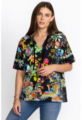 Women Tops | Johnny Was Black Dreamer Short Sleeve Notched Pullover Hoodie Dreamer Noir