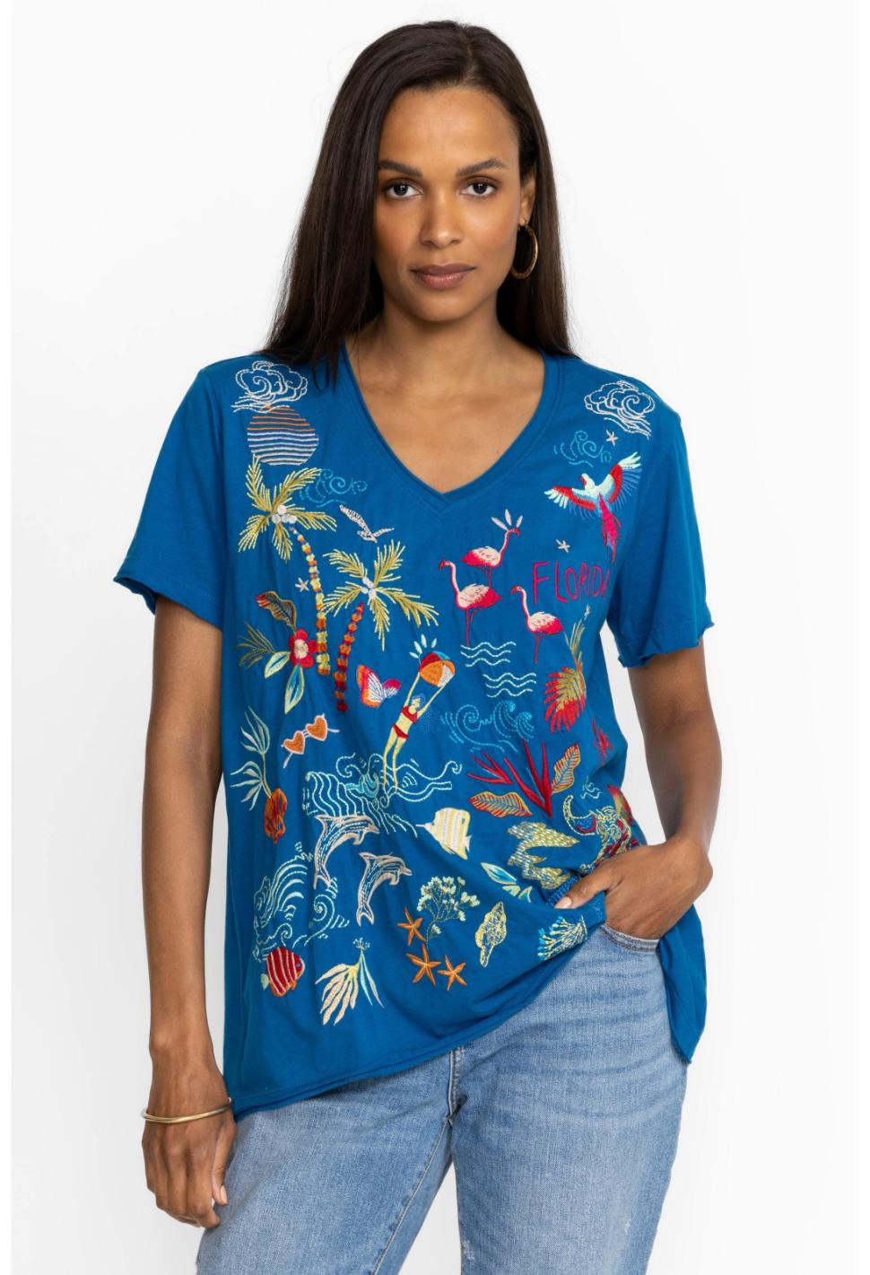 Women Tops | Johnny Was Florida Everyday Tee Mykonos Blue