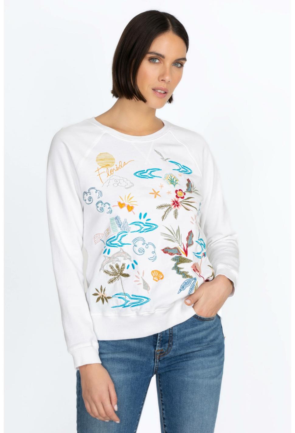Women Tops | Johnny Was Florida Raglan Sweatshirt White