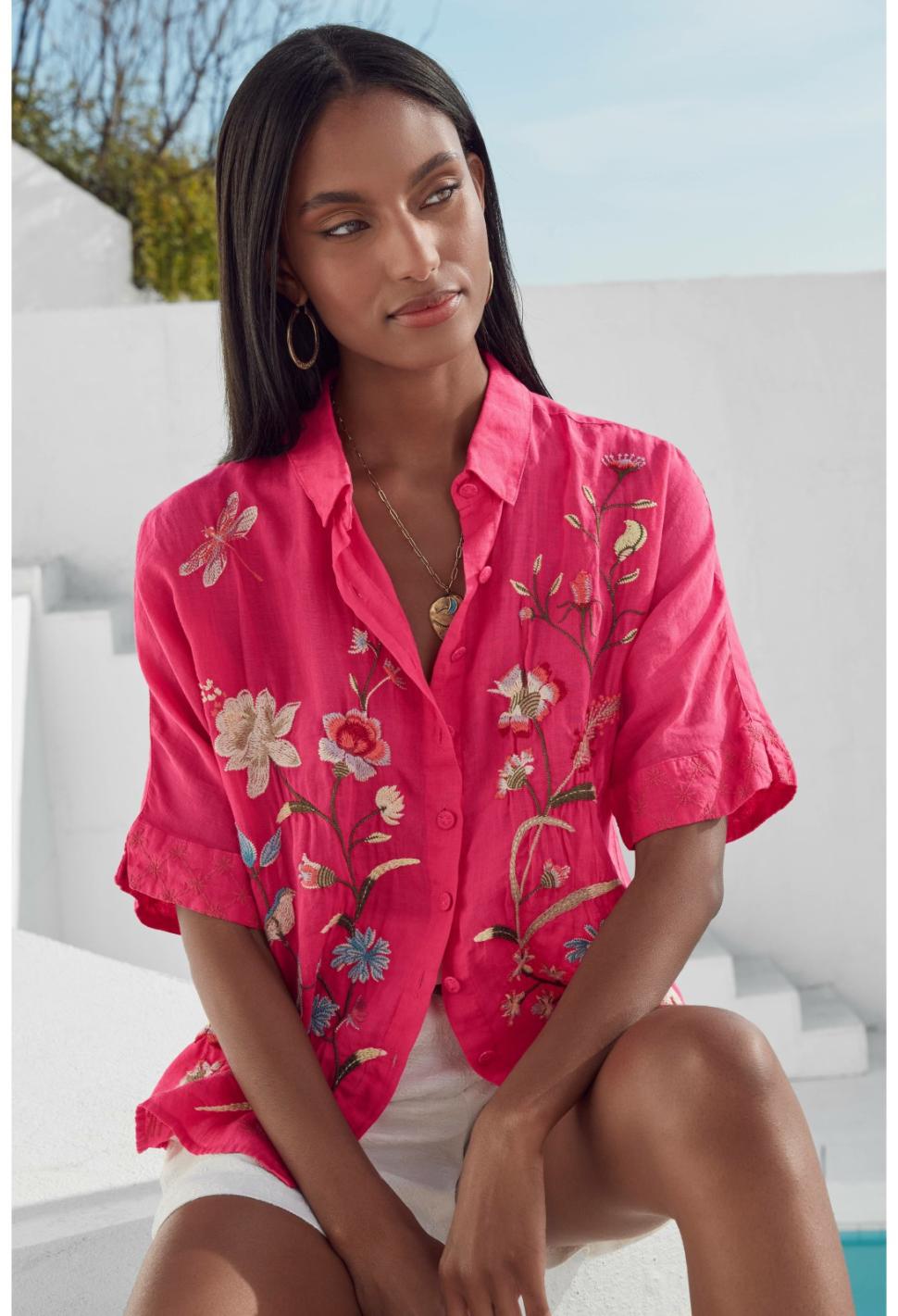 Women Tops | Johnny Was Geniveve Relaxed Dolman Shirt Rose Red