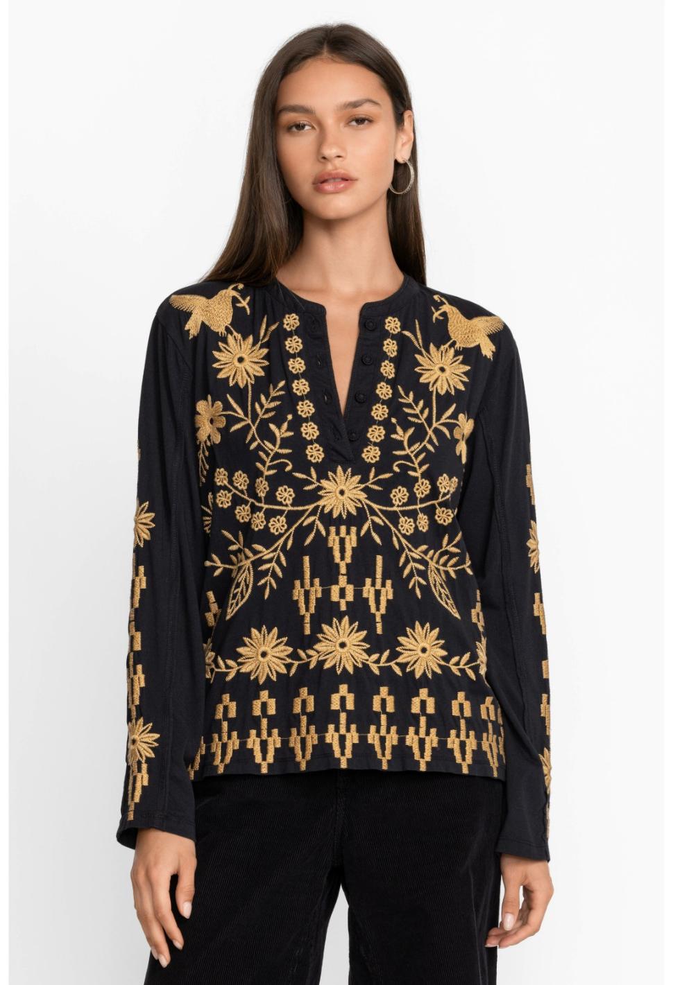 Women Tops | Johnny Was Georgina Raw Seam Henley Black