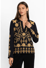 Women Tops | Johnny Was Georgina Raw Seam Henley Black