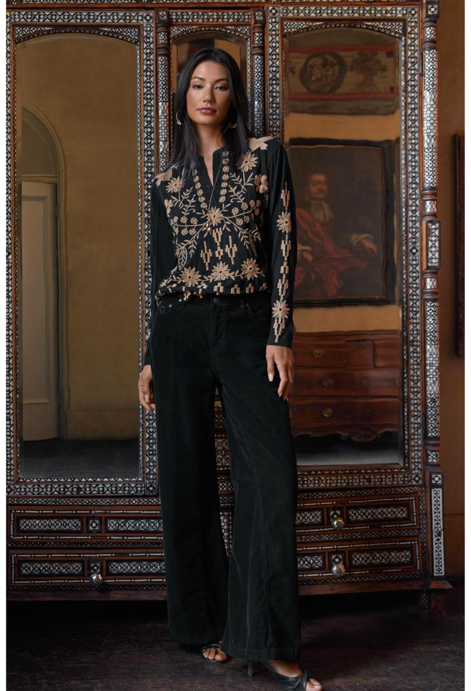 Women Tops | Johnny Was Georgina Raw Seam Henley Black