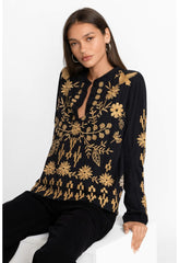 Women Tops | Johnny Was Georgina Raw Seam Henley Black