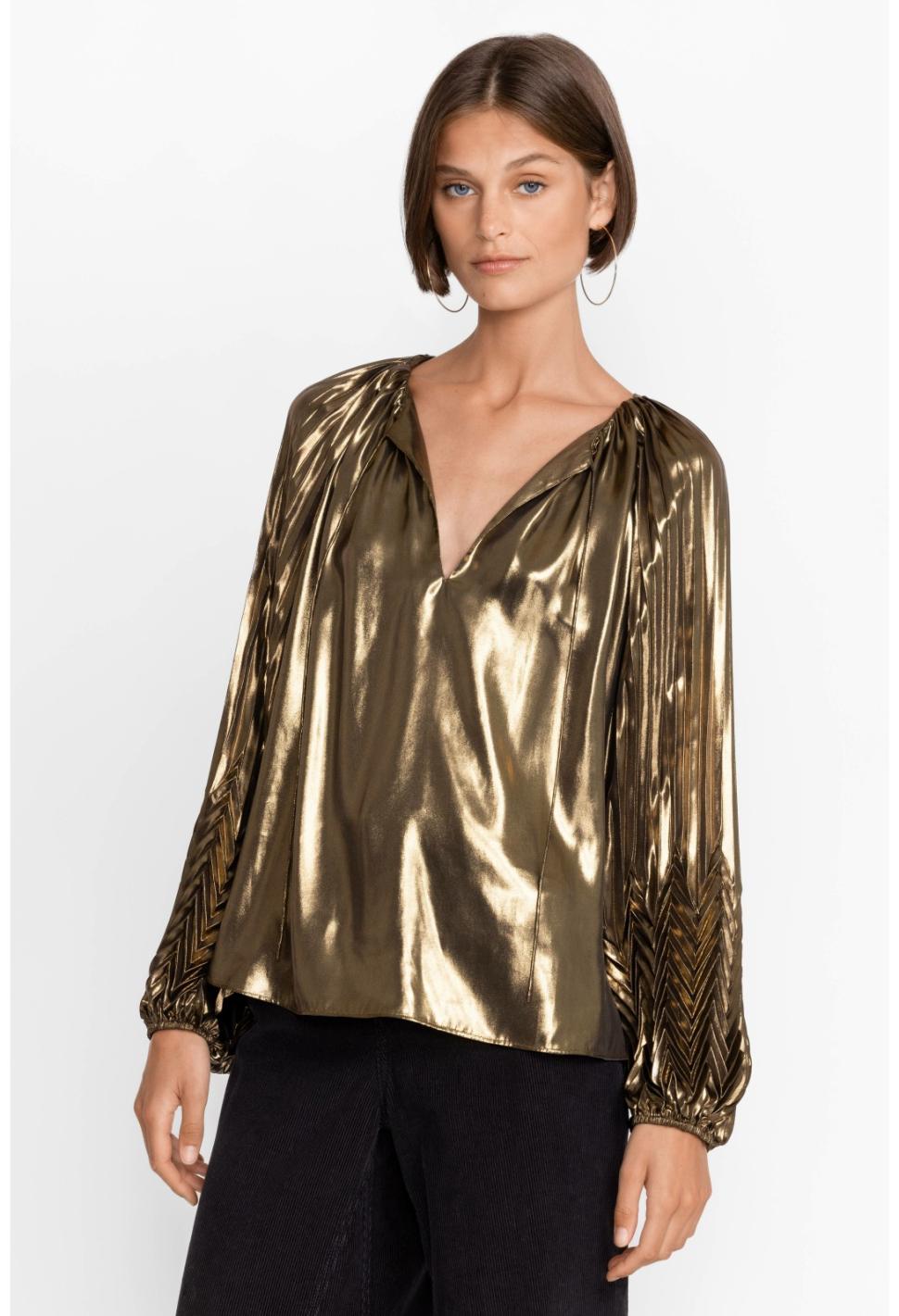 Women Tops | Johnny Was Golden Gem Pleated Blouse Gold