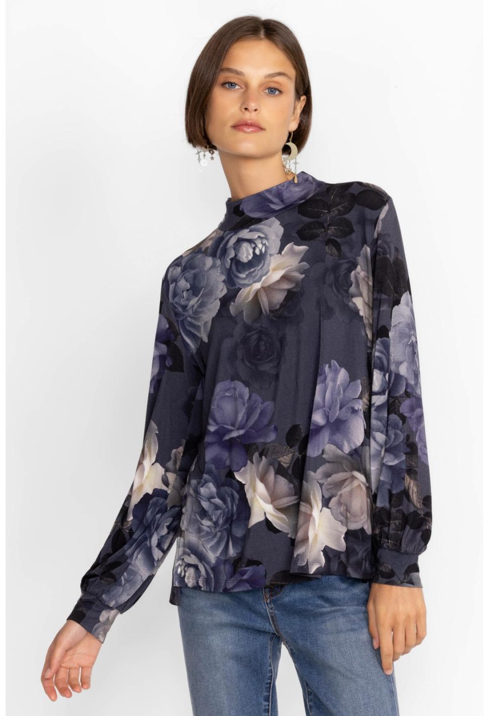 Women Tops | Johnny Was Grey Peony Puff Sleeve Mock Neck Grey Peony