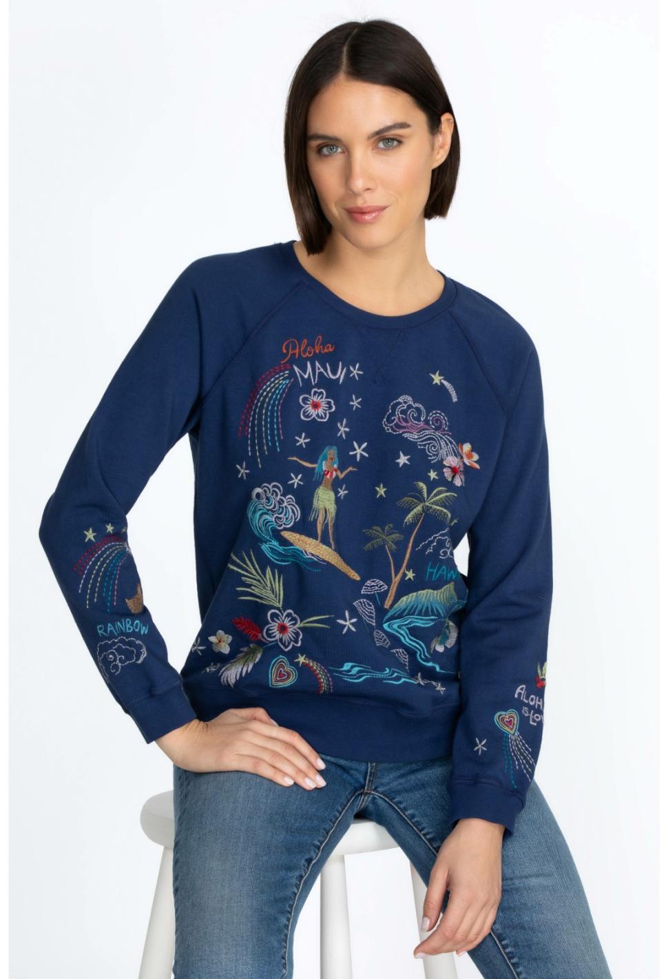Women Tops | Johnny Was Hawaii Raglan Sweatshirt Navy