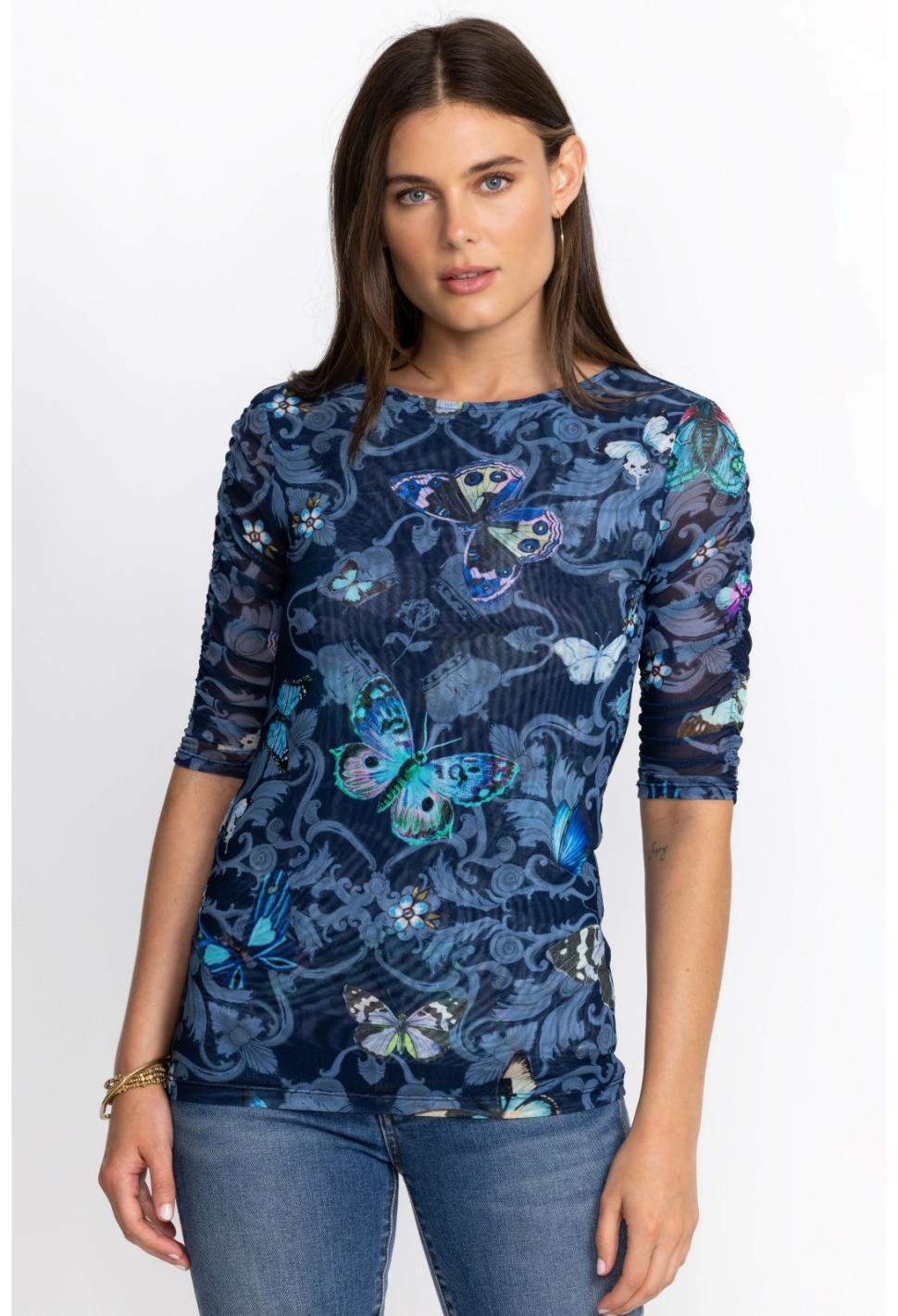 Women Tops | Johnny Was Holly Ruched Sleeve Mesh Top Holly