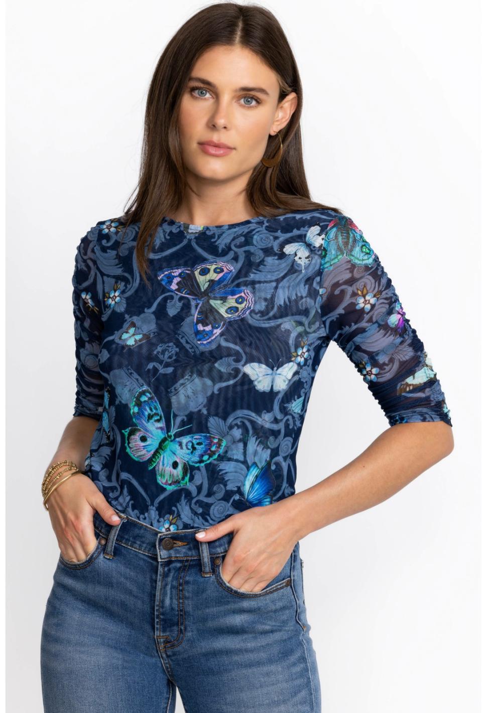 Women Tops | Johnny Was Holly Ruched Sleeve Mesh Top Holly