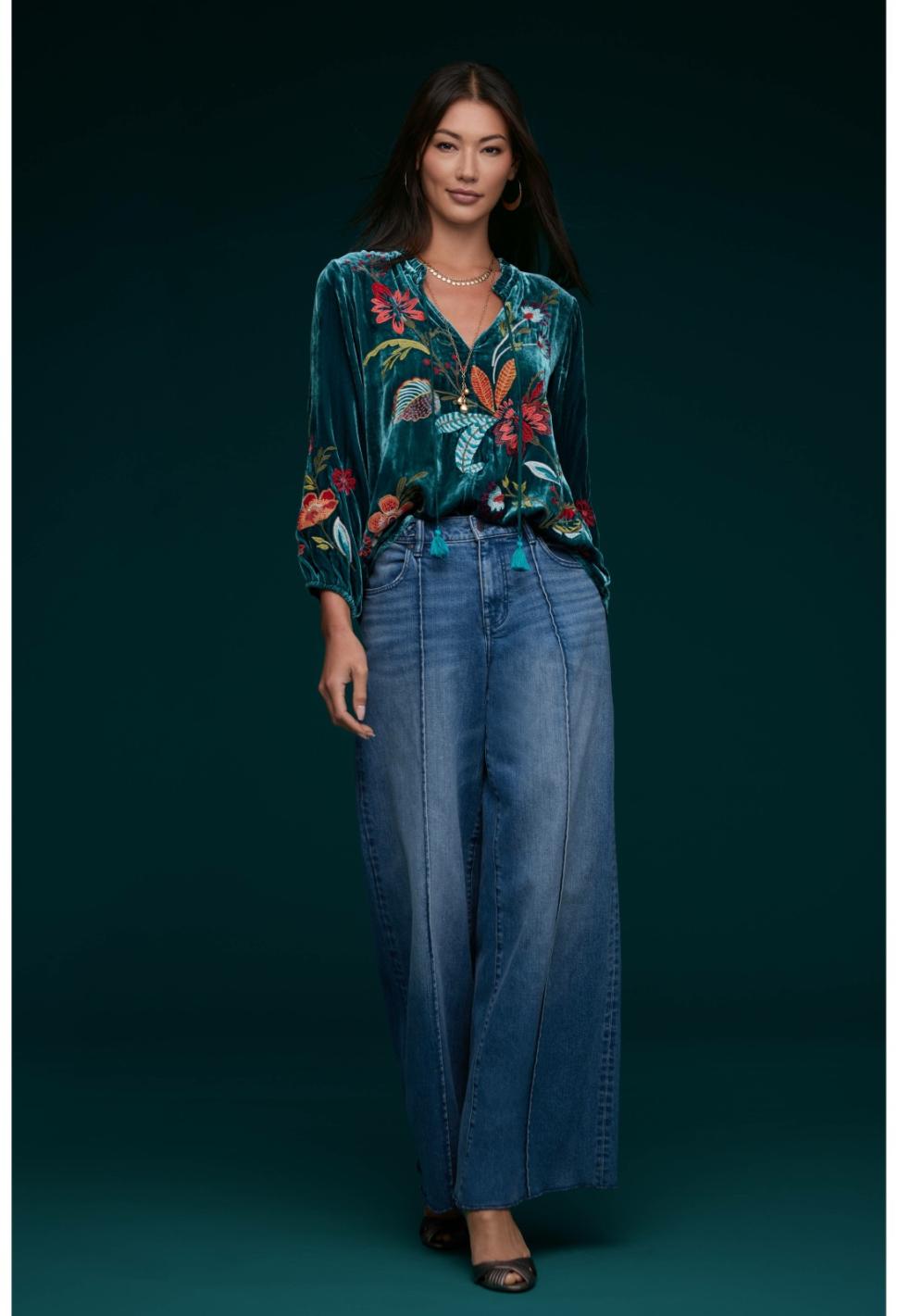 Women Tops | Johnny Was Isabella Velvet Field Blouse Deep Teal