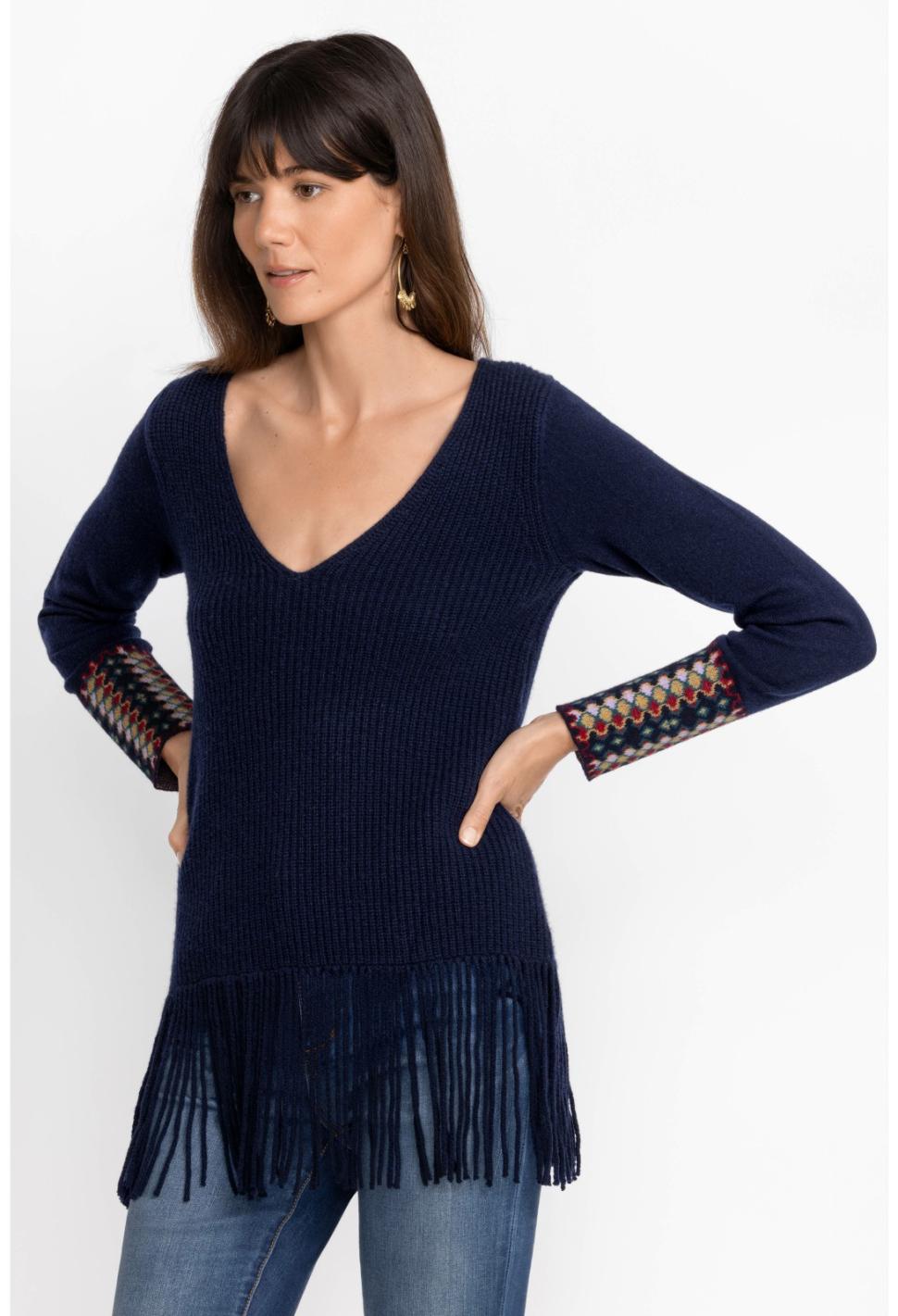 Women Tops | Johnny Was Isadora Fringe Top Navy