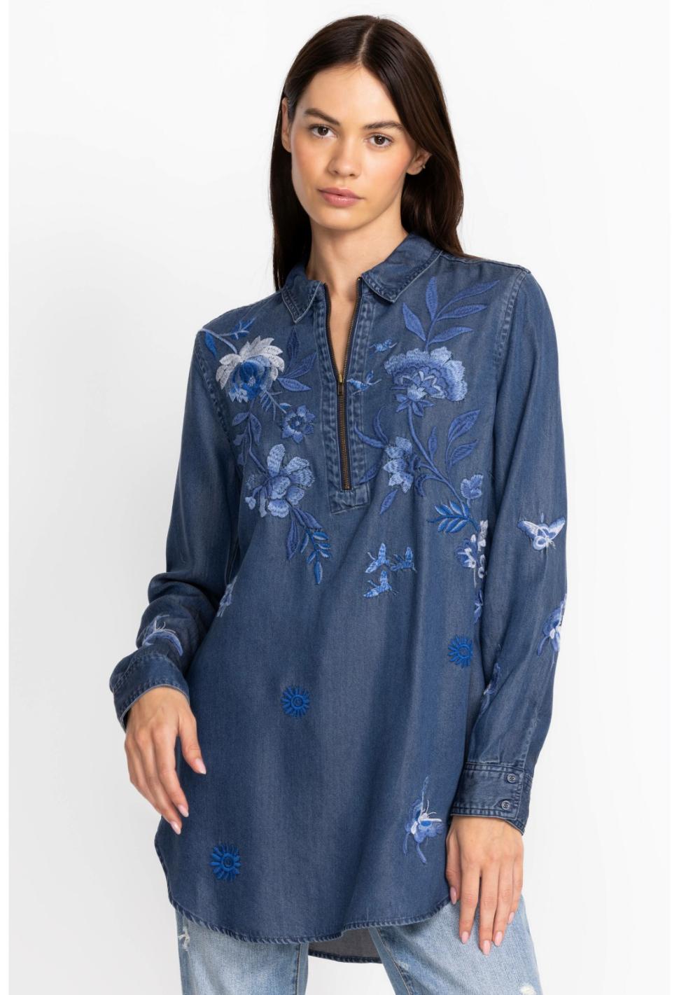 Women Tops | Johnny Was Jazmine Zipup Shirt Tunic Denim Blue