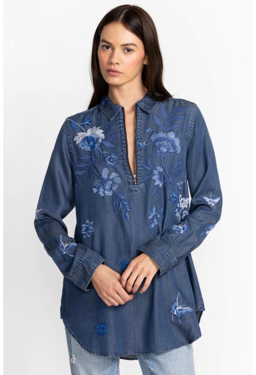Women Tops | Johnny Was Jazmine Zipup Shirt Tunic Denim Blue