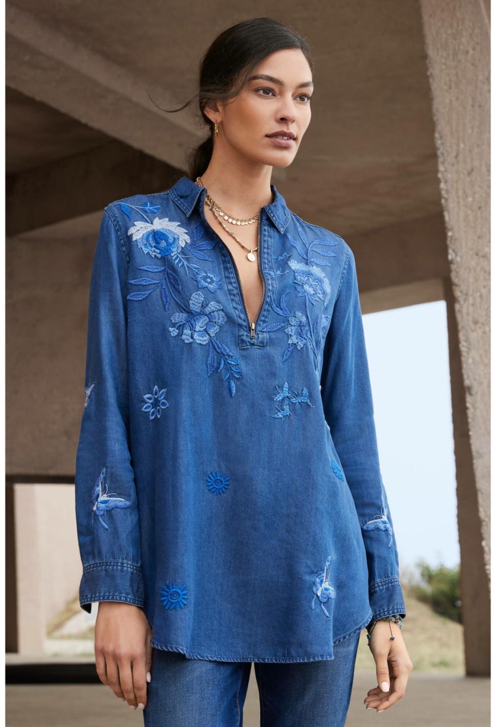 Women Tops | Johnny Was Jazmine Zipup Shirt Tunic Denim Blue