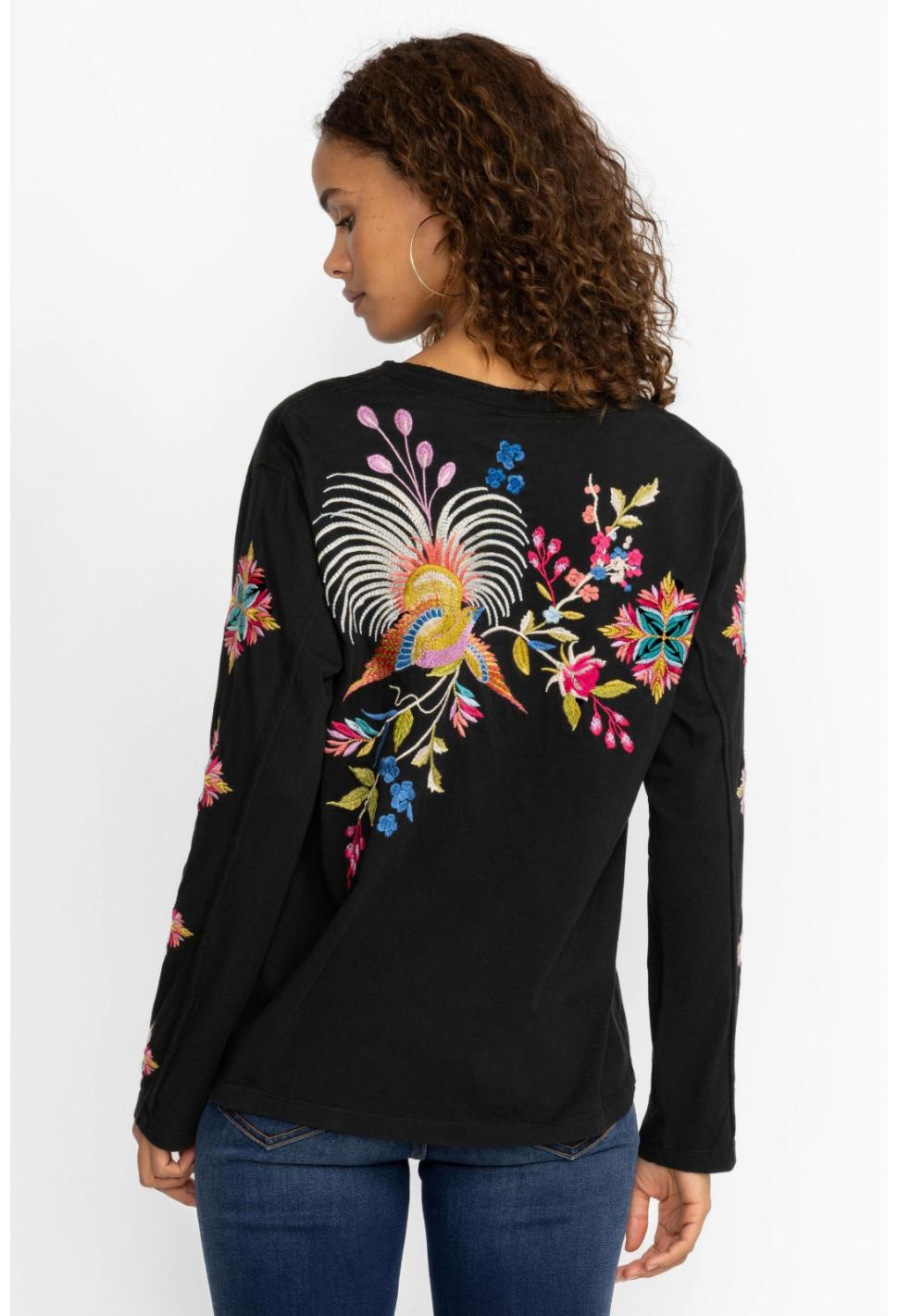 Women Tops | Johnny Was Julie Raw Seam Henley Black