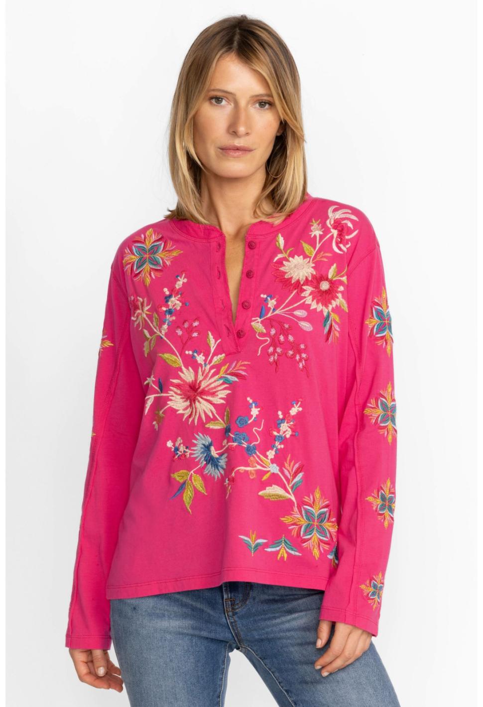 Women Tops | Johnny Was Julie Raw Seam Henley Fuchsia