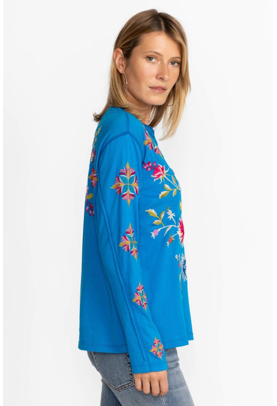 Women Tops | Johnny Was Julie Raw Seam Henley Glacier Blue