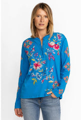 Women Tops | Johnny Was Julie Raw Seam Henley Glacier Blue