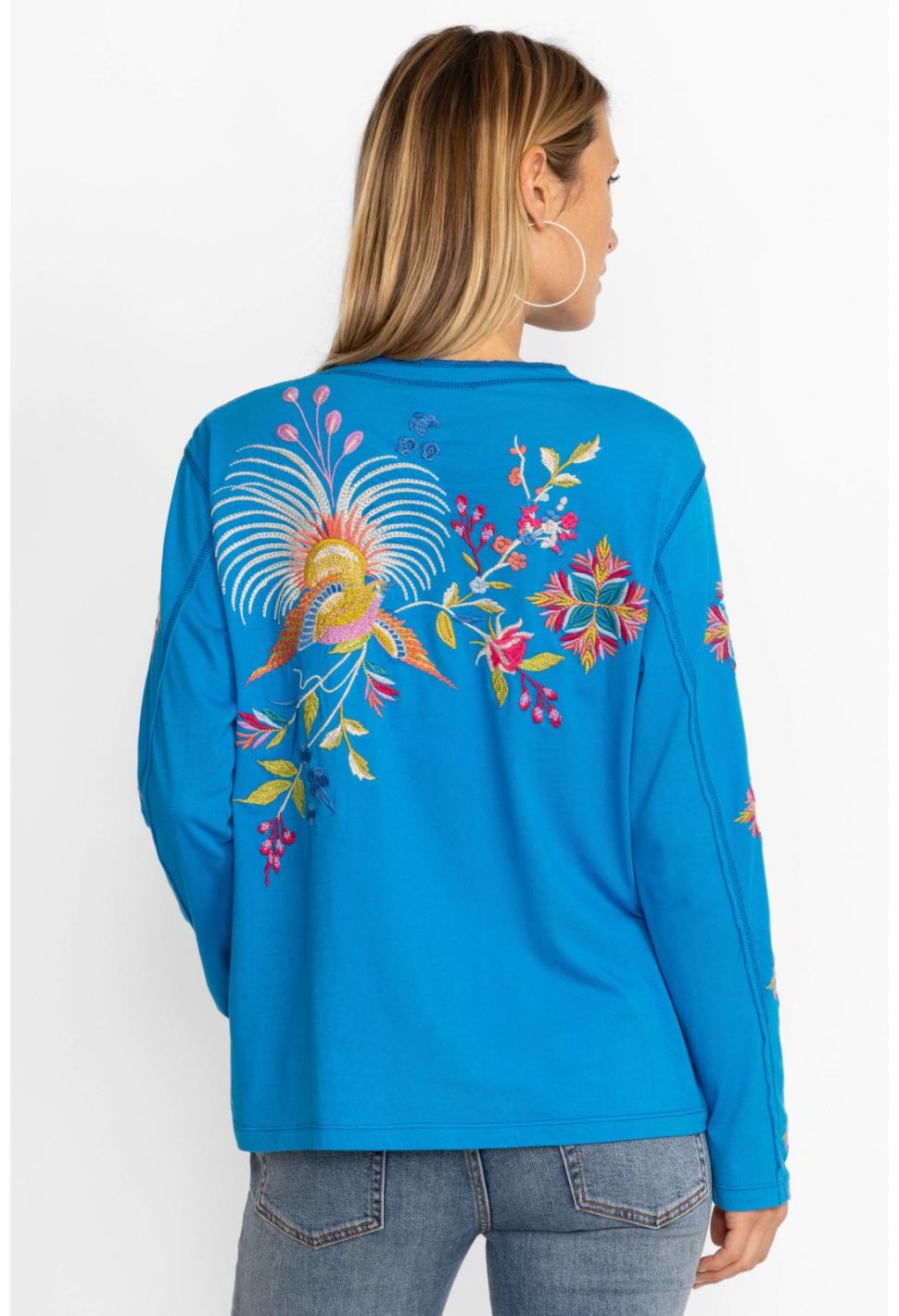 Women Tops | Johnny Was Julie Raw Seam Henley Glacier Blue