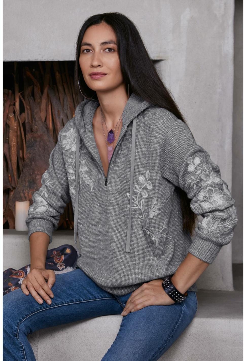 Women Tops | Johnny Was Junie Metallic Thermal Hoodie Silver