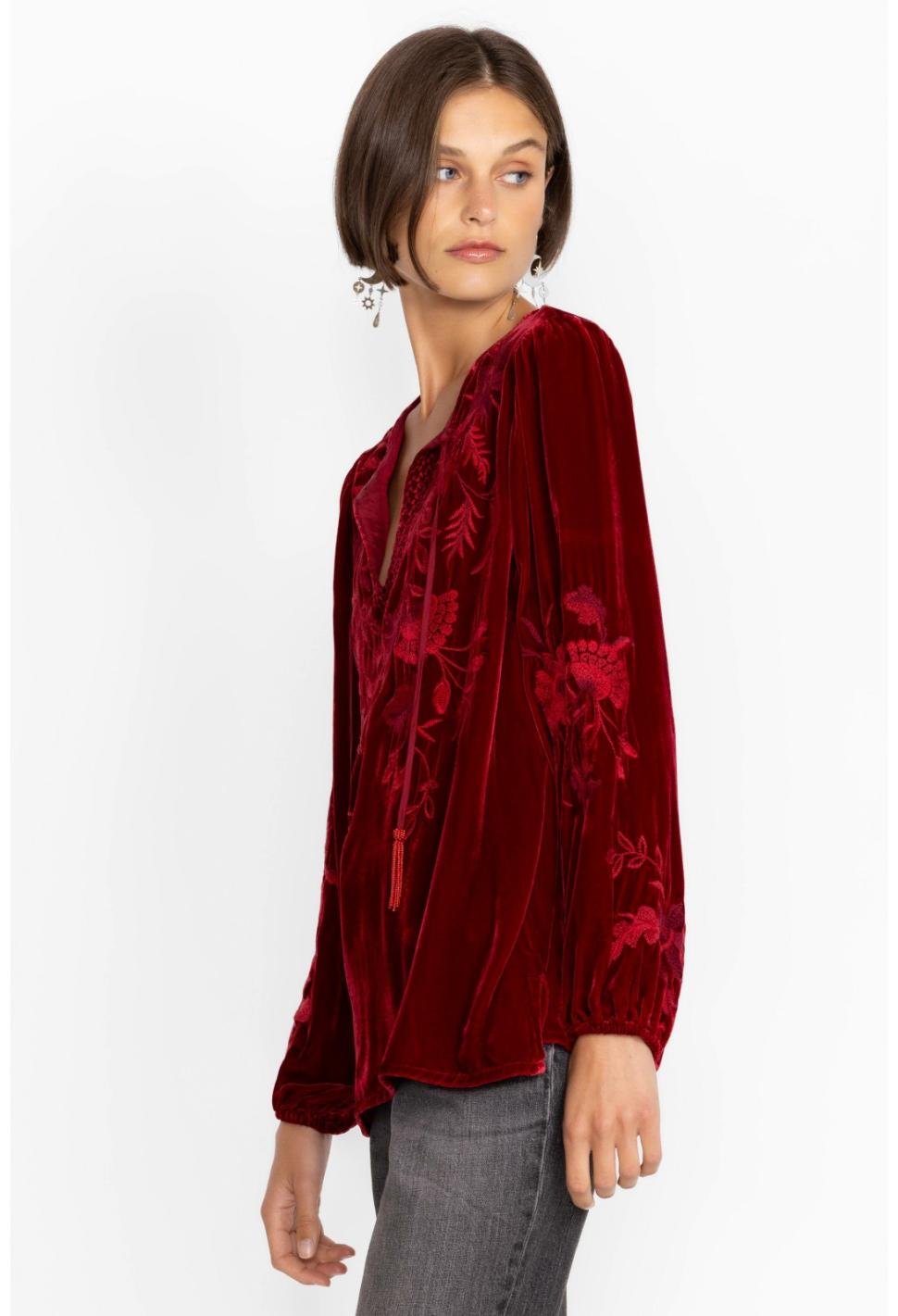 Women Tops | Johnny Was Junie Velvet Relaxed Blouse Rich Red