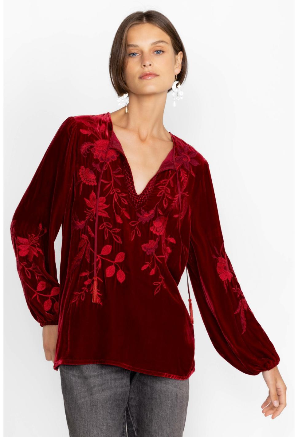 Women Tops | Johnny Was Junie Velvet Relaxed Blouse Rich Red