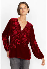 Women Tops | Johnny Was Junie Velvet Relaxed Blouse Rich Red