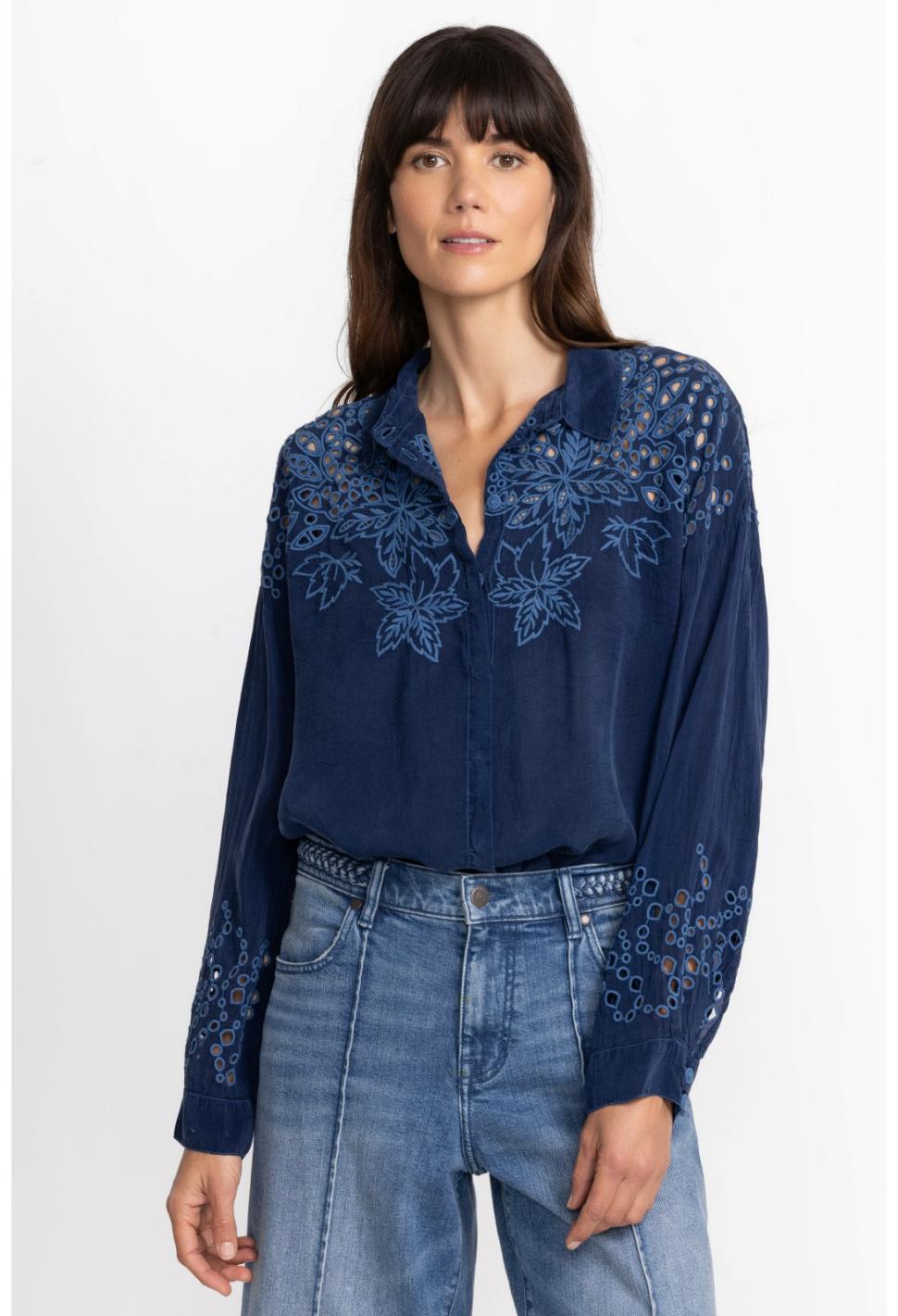 Women Tops | Johnny Was Lotus Eyelet Button Down Blue Night