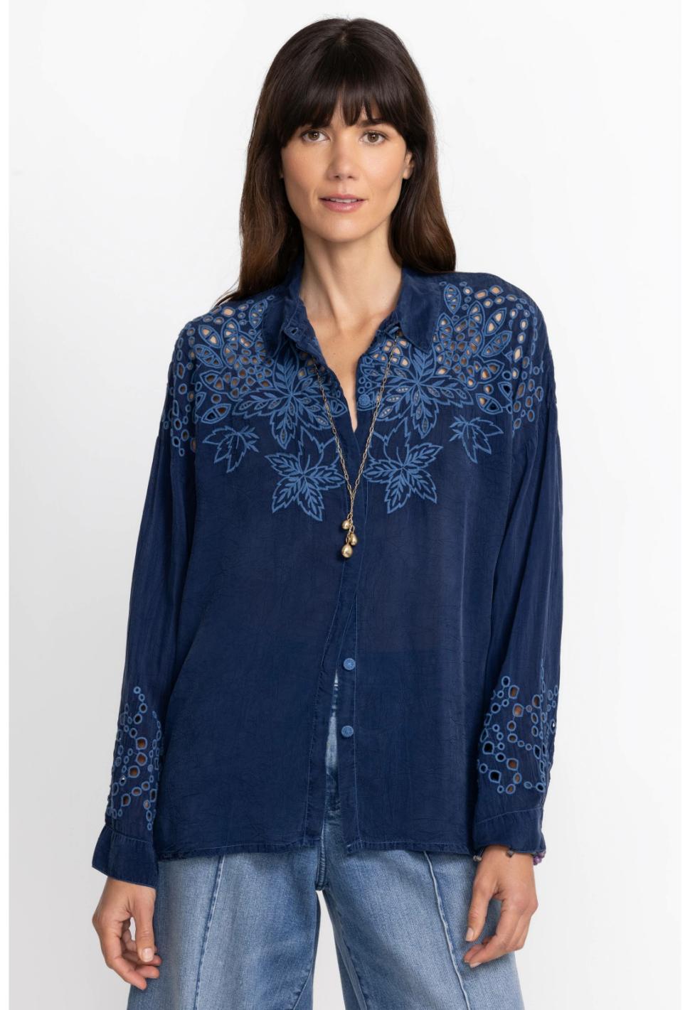 Women Tops | Johnny Was Lotus Eyelet Button Down Blue Night