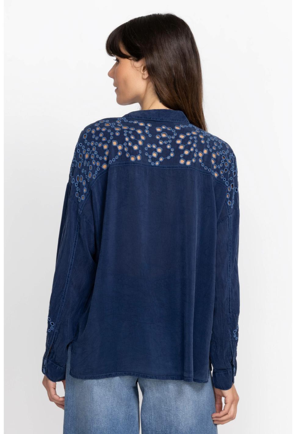 Women Tops | Johnny Was Lotus Eyelet Button Down Blue Night