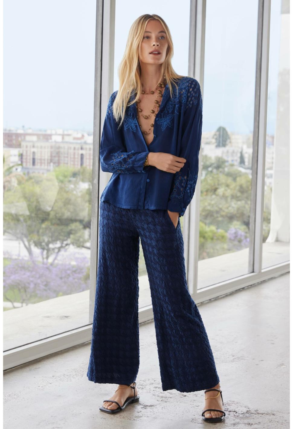 Women Tops | Johnny Was Lotus Eyelet Button Down Blue Night