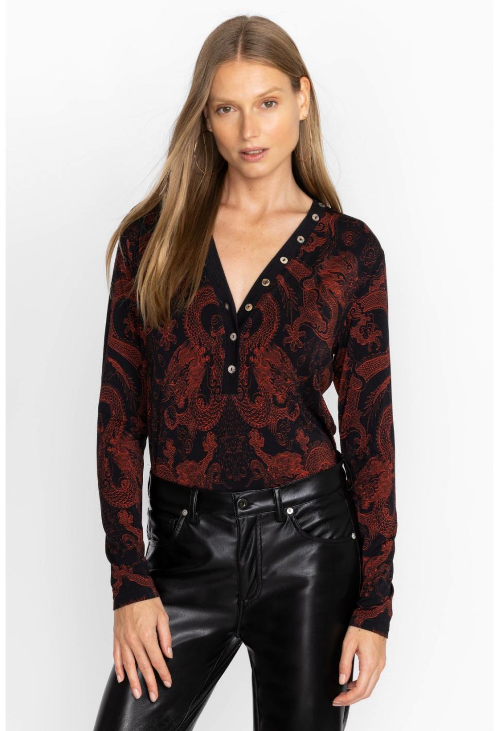 Women Tops | Johnny Was Mayla Button Neck L/S Tee Mayla