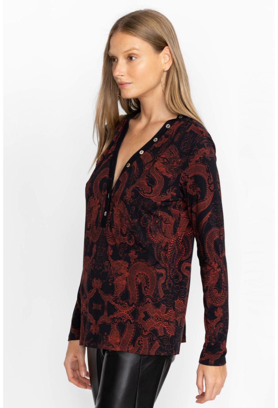 Women Tops | Johnny Was Mayla Button Neck L/S Tee Mayla